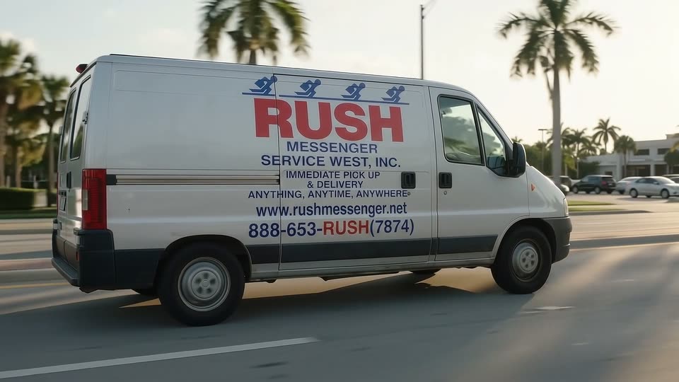 Rush Messenger van and car on the road, with the Rush sign on their doors