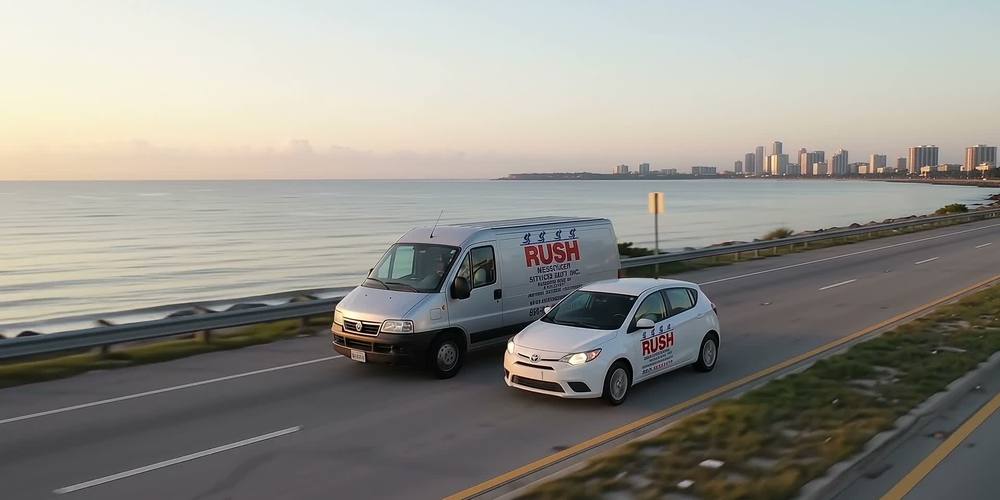 Rush Messenger van and car side by side on a coastal road at sunset